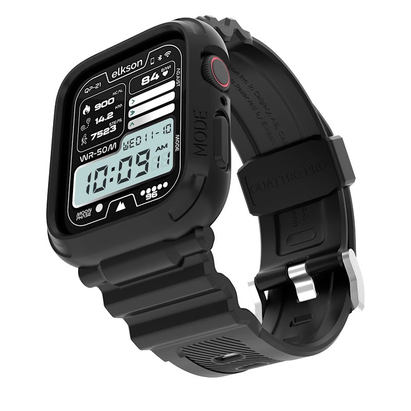 Elkson Designed for Apple Watch Series SE3 9/8/7/6/5/4 [45/44mm], Quattro Pro Series Rugged Military Grade Protective Bumper Case with Strap Bands for iWatch, Stealth Black - Image 1